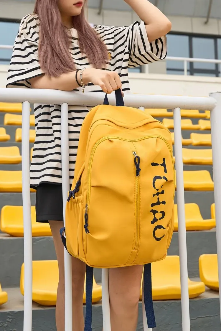 Tas Ransel Wanita Bahan Oxford Polos Warna Kuning Bentuk Kotak Tali Lebar Grosir Import