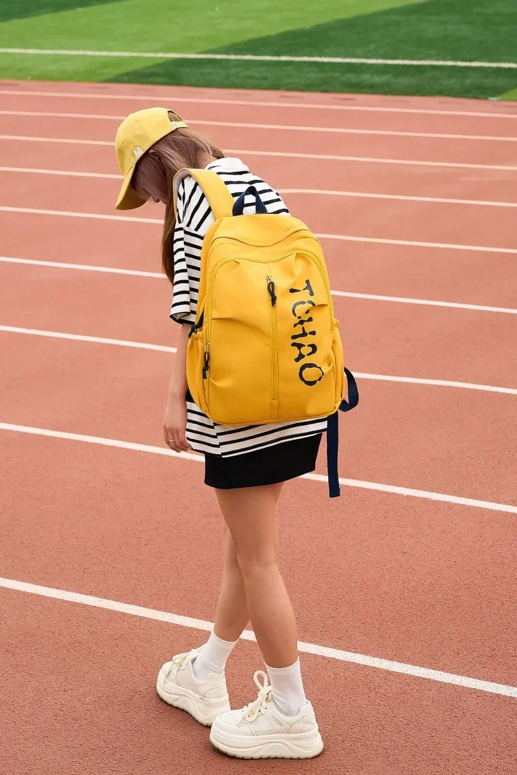 Tas Ransel Wanita Bahan Oxford Polos Warna Kuning Bentuk Kotak Tali Lebar Grosir Import