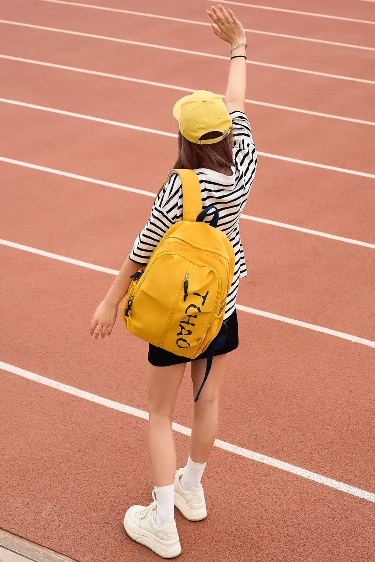 Tas Ransel Wanita Bahan Oxford Polos Warna Kuning Bentuk Kotak Tali Lebar Grosir Import