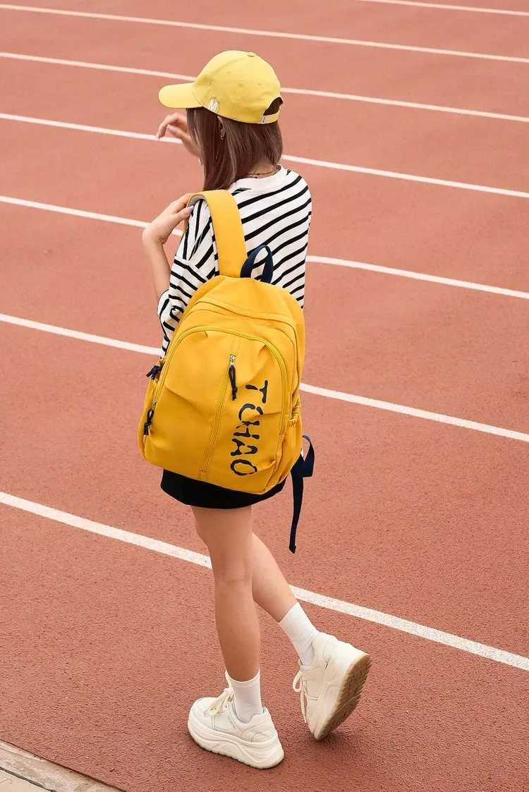 Tas Ransel Wanita Bahan Oxford Polos Warna Kuning Bentuk Kotak Tali Lebar Grosir Import
