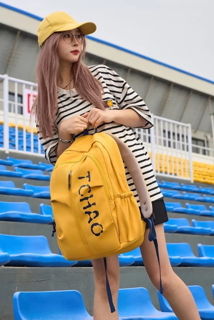 Tas Ransel Wanita Bahan Oxford Polos Warna Kuning Bentuk Kotak Tali Lebar Grosir Import