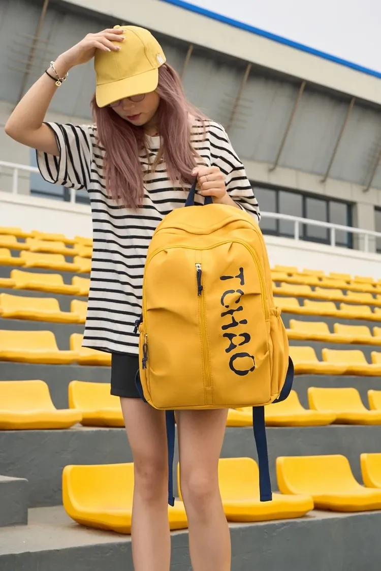 Tas Ransel Wanita Bahan Oxford Polos Warna Kuning Bentuk Kotak Tali Lebar Grosir Import