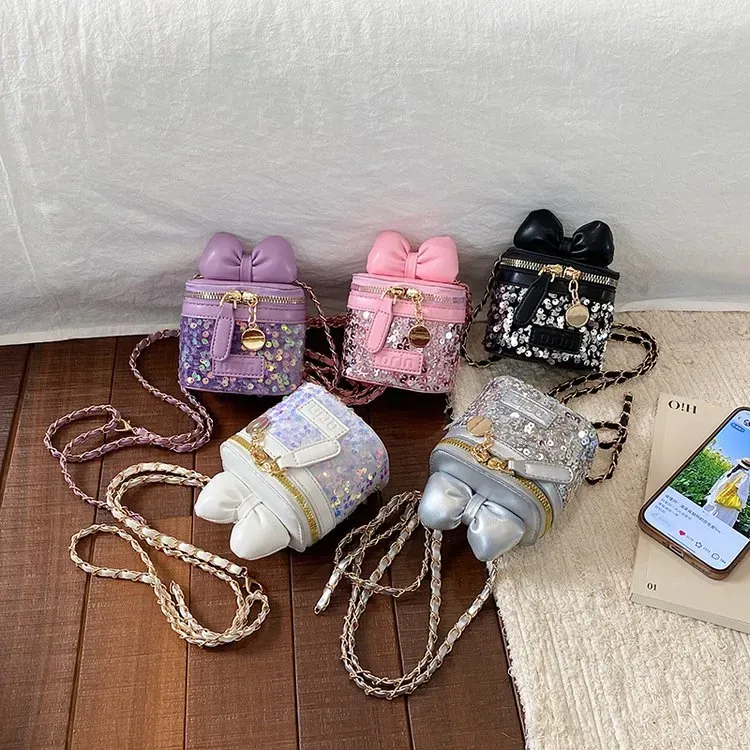 Tas Bucket Anak Bahan Nylon Motif Print Warna Pink Bentuk Bucket Tali Panjang Grosir Import