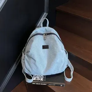 Tas Ransel Wanita Bahan Kain Polos Warna Biru Bentuk Kotak Tali Panjang Resleting Grosir Import