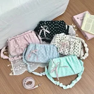 Tas Selempang Wanita Bahan Kain Motif Polkadot Warna Hitam Bentuk Kotak Tali Grosir Import