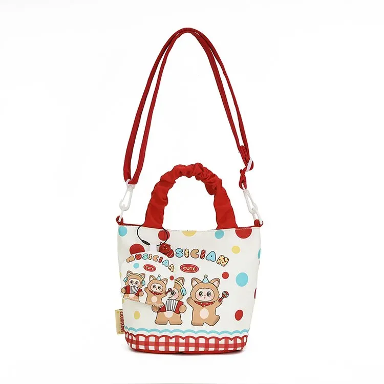 Tas Bucket Wanita Bahan PU Sintetis Motif Print Warna Putih Bentuk Bucket Tali Grosir Import
