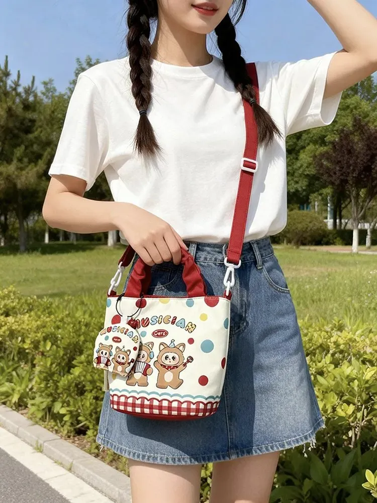 Tas Bucket Wanita Bahan PU Sintetis Motif Print Warna Putih Bentuk Bucket Tali Grosir Import