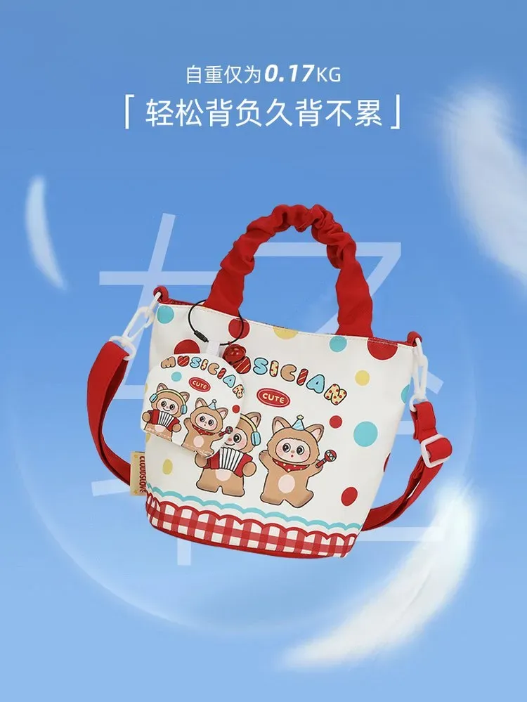 Tas Bucket Wanita Bahan PU Sintetis Motif Print Warna Putih Bentuk Bucket Tali Grosir Import