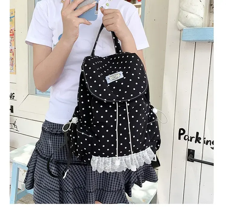 Tas Ransel Wanita Bahan Nylon Motif Polkadot Warna Hitam Bentuk Kotak Tali Grosir Import