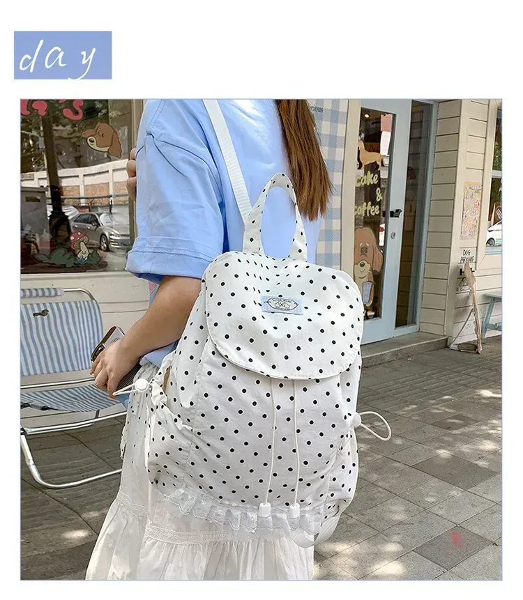 Tas Ransel Wanita Bahan Nylon Motif Polkadot Warna Hitam Bentuk Kotak Tali Grosir Import