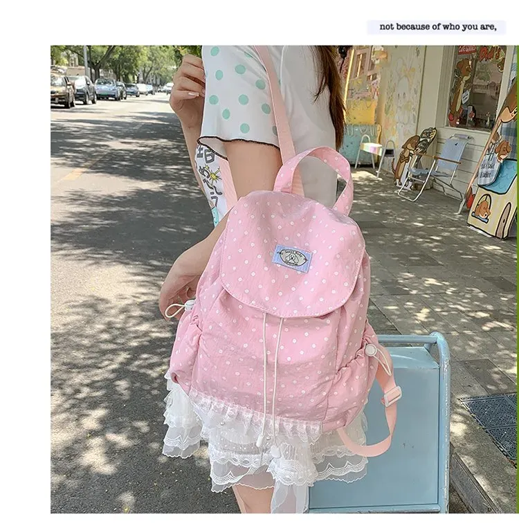 Tas Ransel Wanita Bahan Nylon Motif Polkadot Warna Hitam Bentuk Kotak Tali Grosir Import