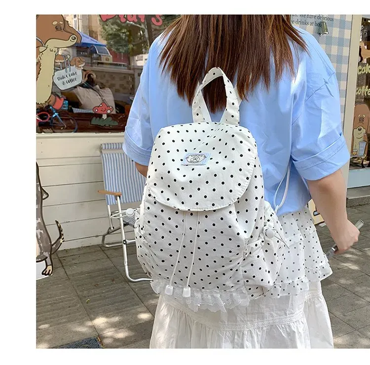 Tas Ransel Wanita Bahan Nylon Motif Polkadot Warna Hitam Bentuk Kotak Tali Grosir Import