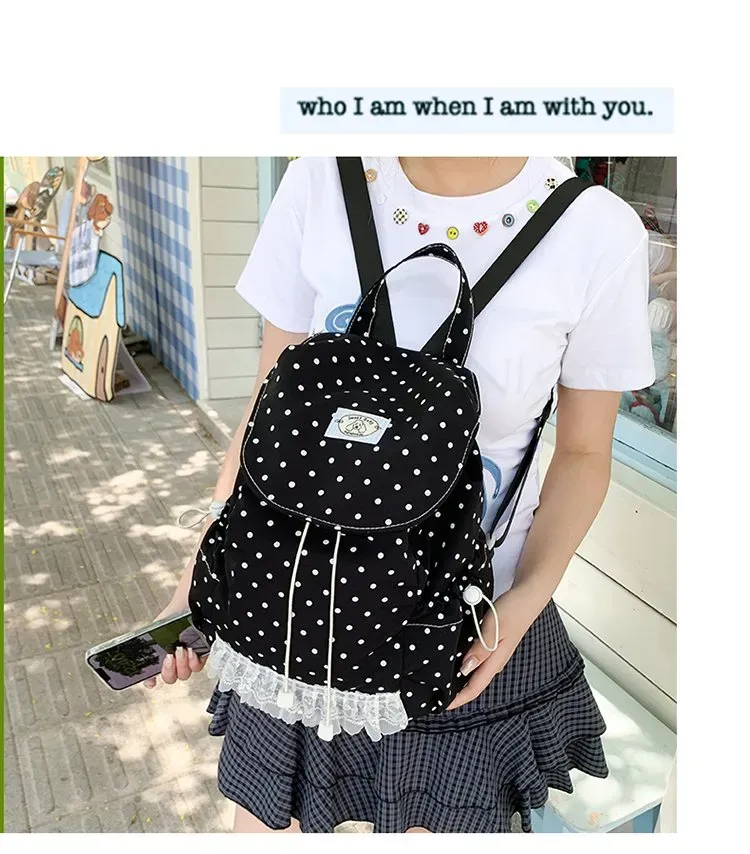 Tas Ransel Wanita Bahan Nylon Motif Polkadot Warna Hitam Bentuk Kotak Tali Grosir Import