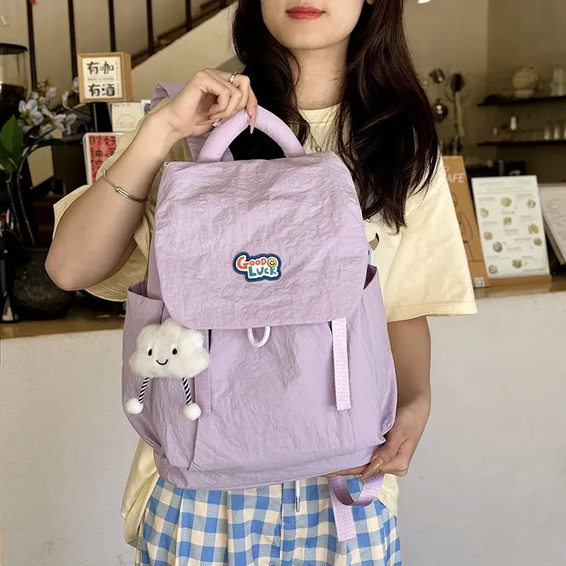 Tas Ransel Wanita Bahan Nylon Polos Warna Pink Bentuk Kotak Tali Panjang Grosir Import