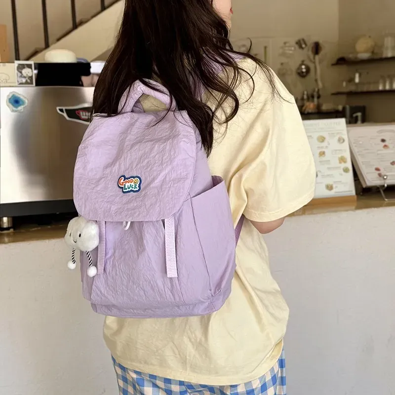 Tas Ransel Wanita Bahan Nylon Polos Warna Pink Bentuk Kotak Tali Panjang Grosir Import
