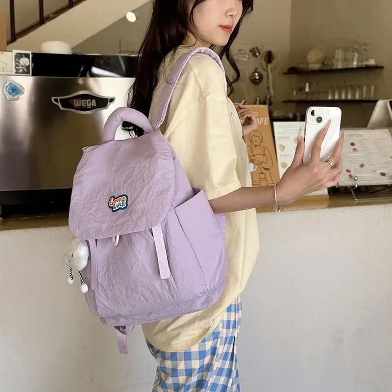 Tas Ransel Wanita Bahan Nylon Polos Warna Pink Bentuk Kotak Tali Panjang Grosir Import