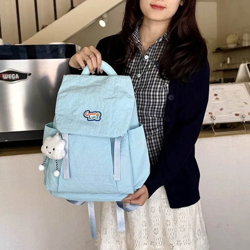 Tas Ransel Wanita Bahan Nylon Polos Warna Pink Bentuk Kotak Tali Panjang Grosir Import