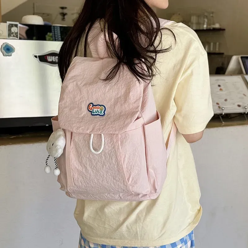 Tas Ransel Wanita Bahan Nylon Polos Warna Pink Bentuk Kotak Tali Panjang Grosir Import