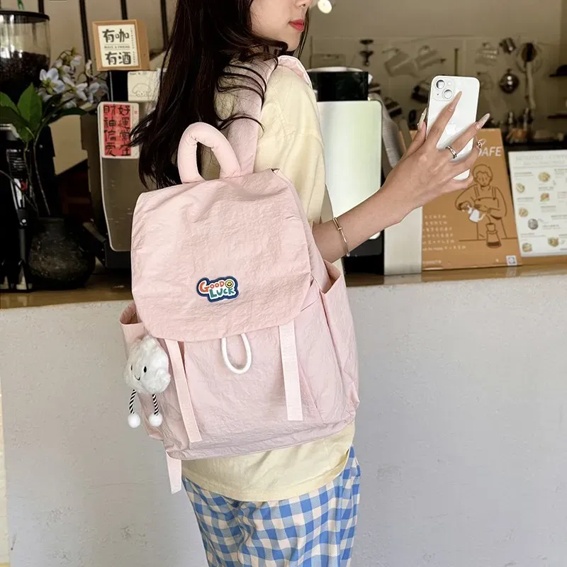 Tas Ransel Wanita Bahan Nylon Polos Warna Pink Bentuk Kotak Tali Panjang Grosir Import