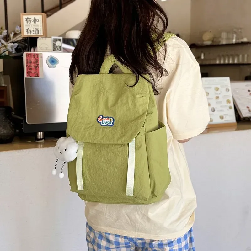 Tas Ransel Wanita Bahan Nylon Polos Warna Pink Bentuk Kotak Tali Panjang Grosir Import