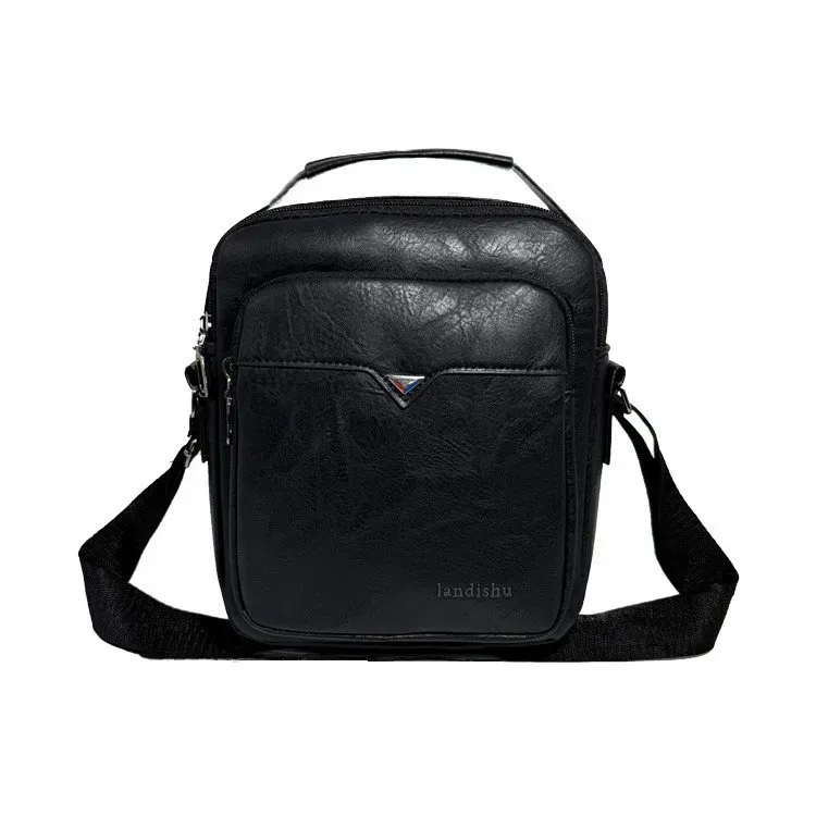 Tas Selempang Pria Bahan PU Sintetis Polos Warna Hitam Bentuk Kotak Tali Lebar Grosir Import