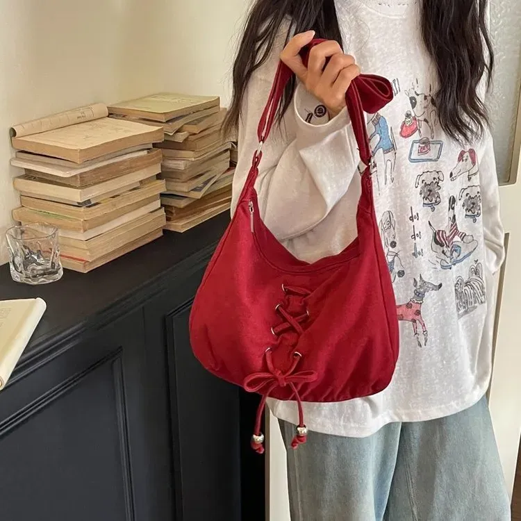 Tas Selempang Wanita Bahan PU Sintetis Polos Warna Merah Bentuk Crescent Tali Grosir Import