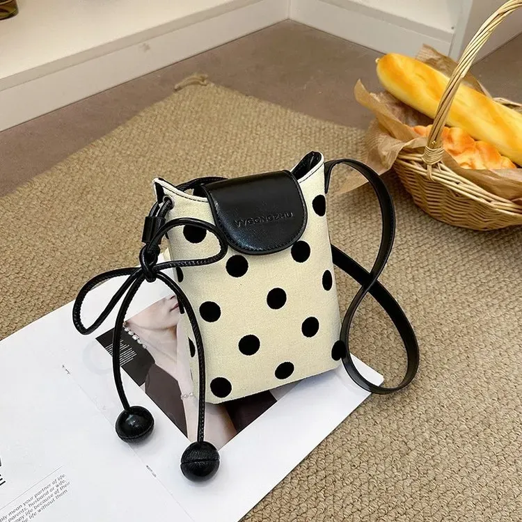 Tas Selempang Wanita Bahan PU Sintetis Motif Polkadot Warna Hitam Bentuk Kotak untuk Reseller