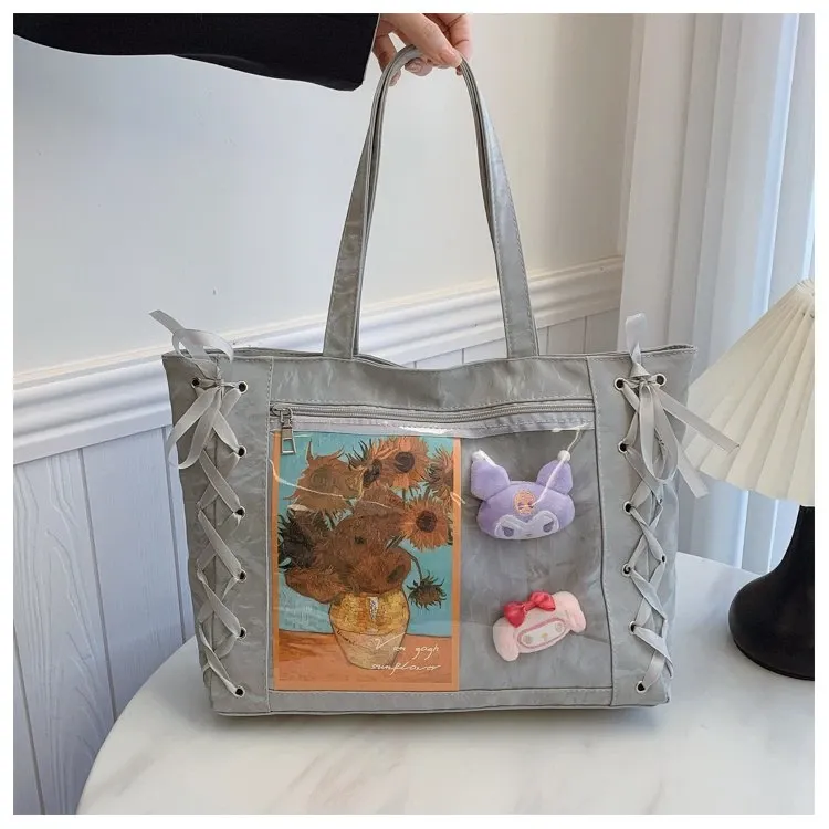 Tas Selempang Wanita Bahan PU Sintetis Motif Print Warna Putih Bentuk Kotak Tali Motif Floral