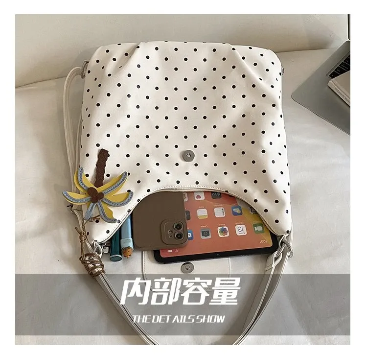 Tas Selempang Wanita Bahan PU Sintetis Motif Polkadot Warna Putih Bentuk Bulat Harga Grosir