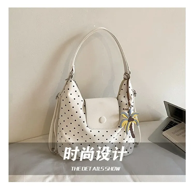 Tas Selempang Wanita Bahan PU Sintetis Motif Polkadot Warna Putih Bentuk Bulat Harga Grosir