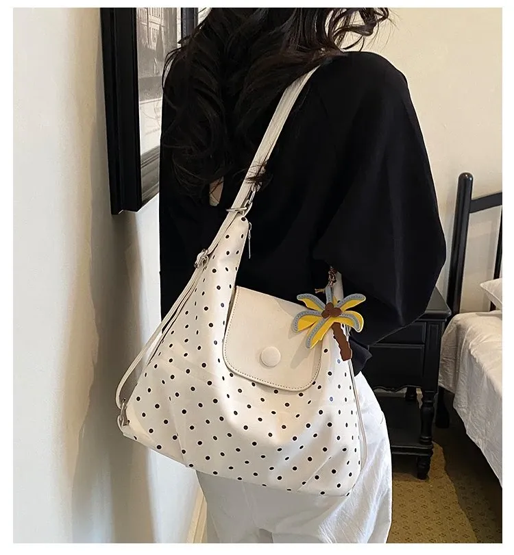 Tas Selempang Wanita Bahan PU Sintetis Motif Polkadot Warna Putih Bentuk Bulat Harga Grosir