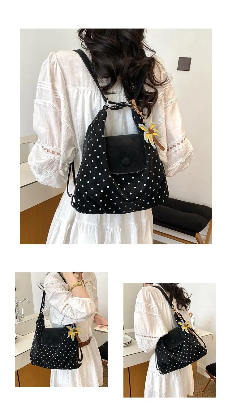 Tas Selempang Wanita Bahan PU Sintetis Motif Polkadot Warna Putih Bentuk Bulat Harga Grosir