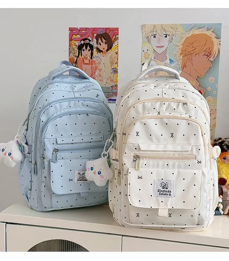 Tas Ransel Wanita Bahan Nylon Motif Polkadot Bentuk Kotak Tali Lebar Resleting untuk Toko