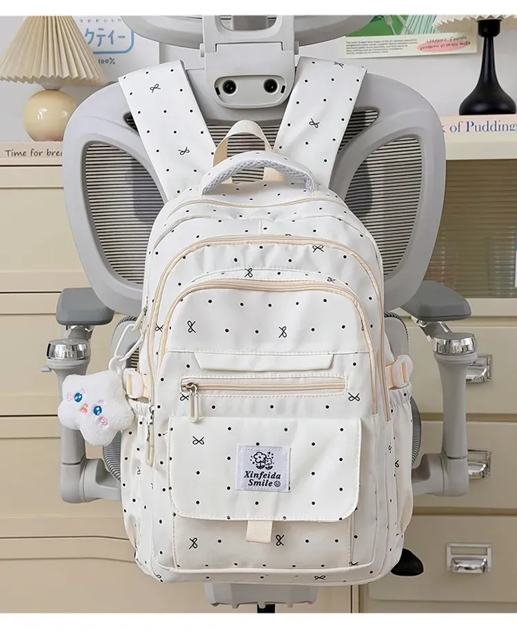 Tas Ransel Wanita Bahan Nylon Motif Polkadot Bentuk Kotak Tali Lebar Resleting untuk Toko