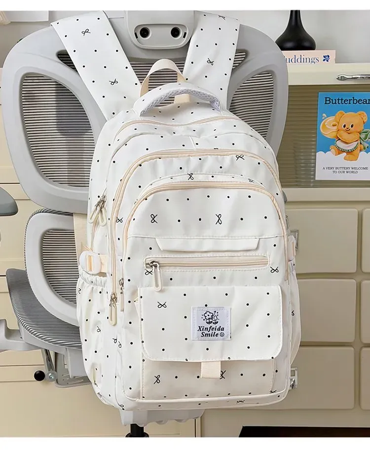 Tas Ransel Wanita Bahan Nylon Motif Polkadot Bentuk Kotak Tali Lebar Resleting untuk Toko