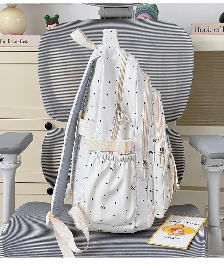 Tas Ransel Wanita Bahan Nylon Motif Polkadot Bentuk Kotak Tali Lebar Resleting untuk Toko