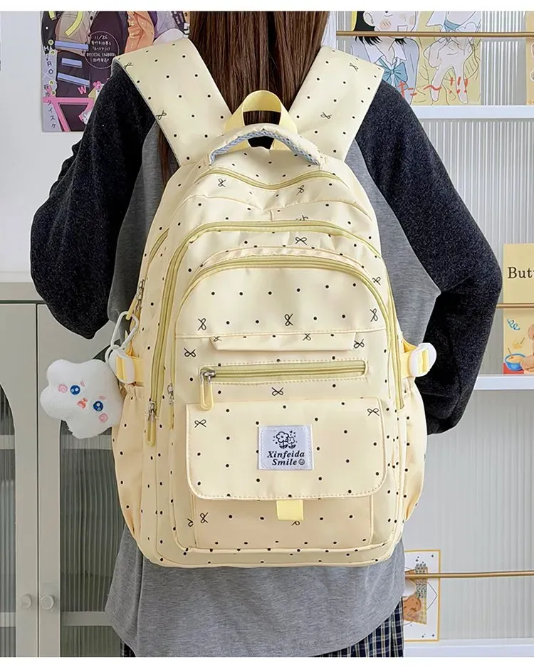 Tas Ransel Wanita Bahan Nylon Motif Polkadot Bentuk Kotak Tali Lebar Resleting untuk Toko