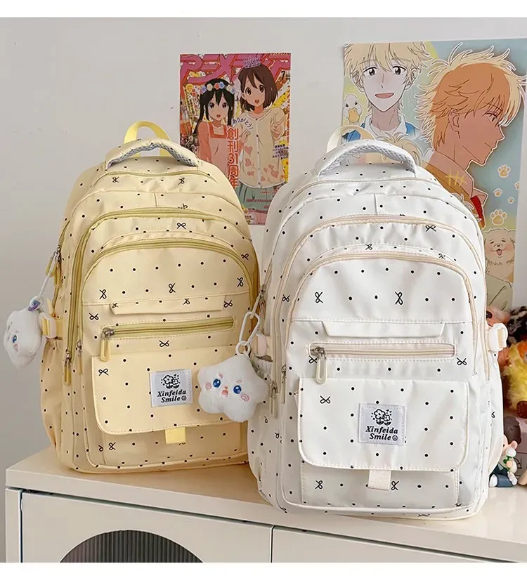 Tas Ransel Wanita Bahan Nylon Motif Polkadot Bentuk Kotak Tali Lebar Resleting untuk Toko