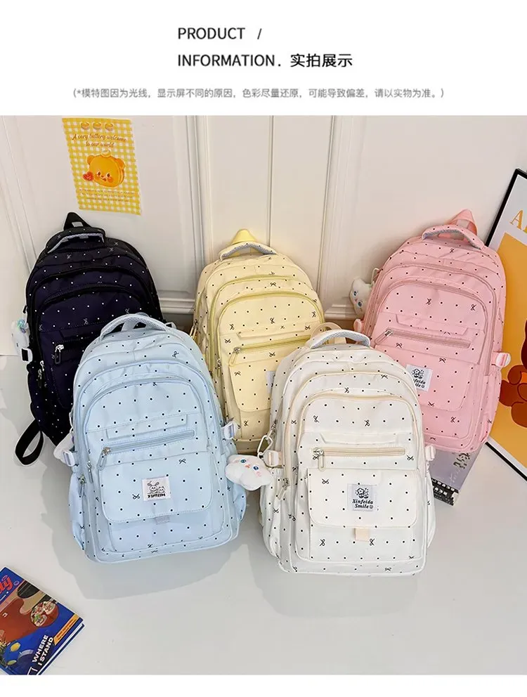 Tas Ransel Wanita Bahan Nylon Motif Polkadot Bentuk Kotak Tali Lebar Resleting untuk Toko