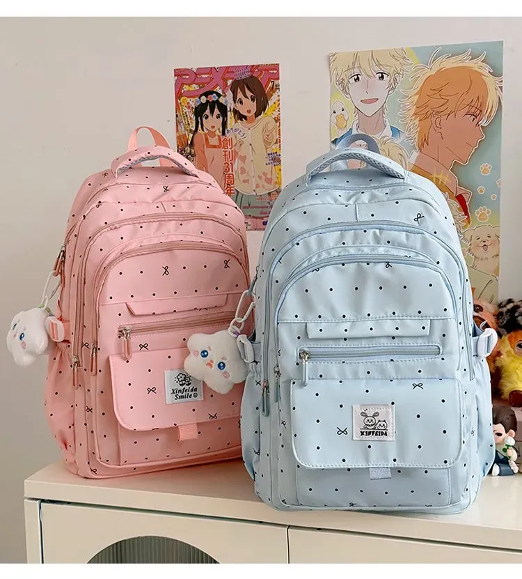 Tas Ransel Wanita Bahan Nylon Motif Polkadot Bentuk Kotak Tali Lebar Resleting untuk Toko