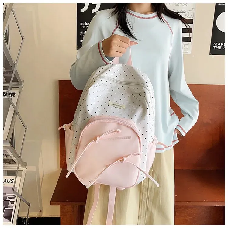 Tas Ransel Wanita Bahan Nylon Motif Polkadot Warna Putih Bentuk Kotak Tali Resleting Grosir