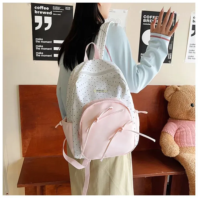Tas Ransel Wanita Bahan Nylon Motif Polkadot Warna Putih Bentuk Kotak Tali Resleting Grosir