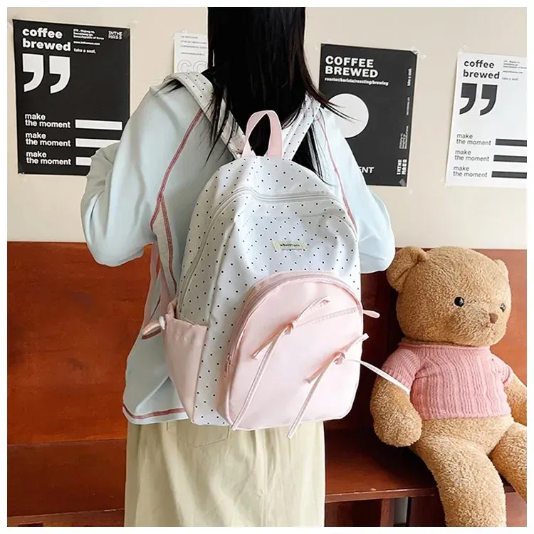 Tas Ransel Wanita Bahan Nylon Motif Polkadot Warna Putih Bentuk Kotak Tali Resleting Grosir