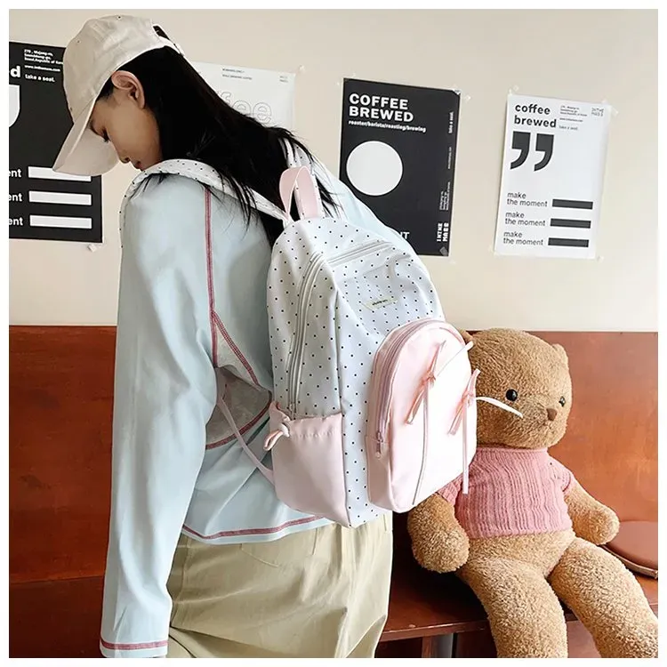 Tas Ransel Wanita Bahan Nylon Motif Polkadot Warna Putih Bentuk Kotak Tali Resleting Grosir