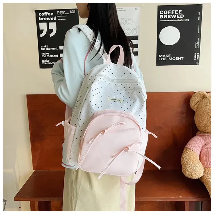 Tas Ransel Wanita Bahan Nylon Motif Polkadot Warna Putih Bentuk Kotak Tali Resleting Grosir