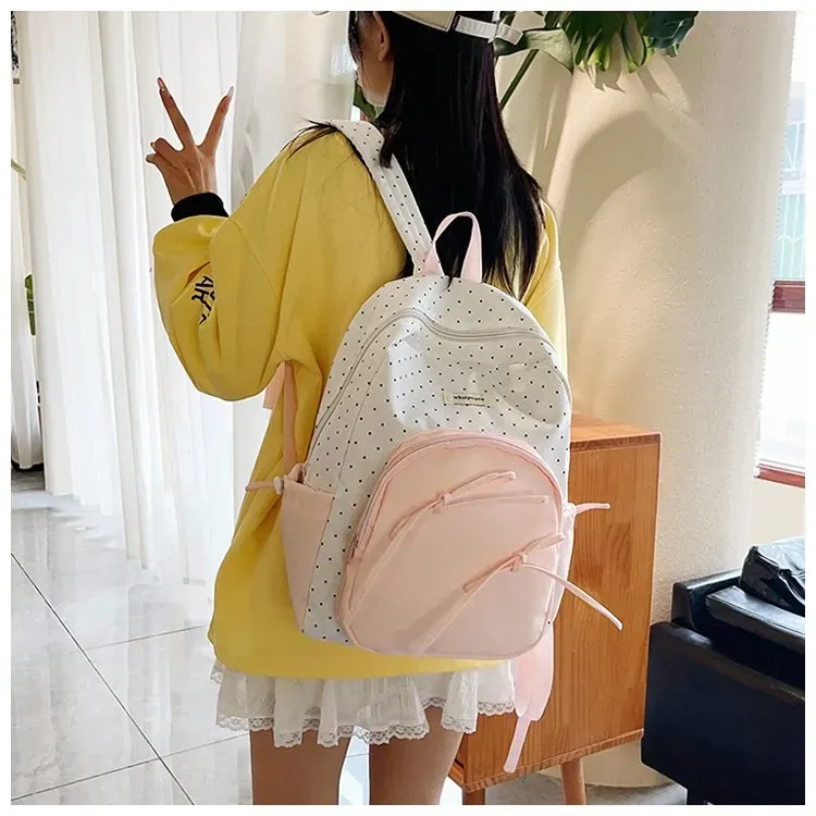 Tas Ransel Wanita Bahan Nylon Motif Polkadot Warna Putih Bentuk Kotak Tali Resleting Grosir