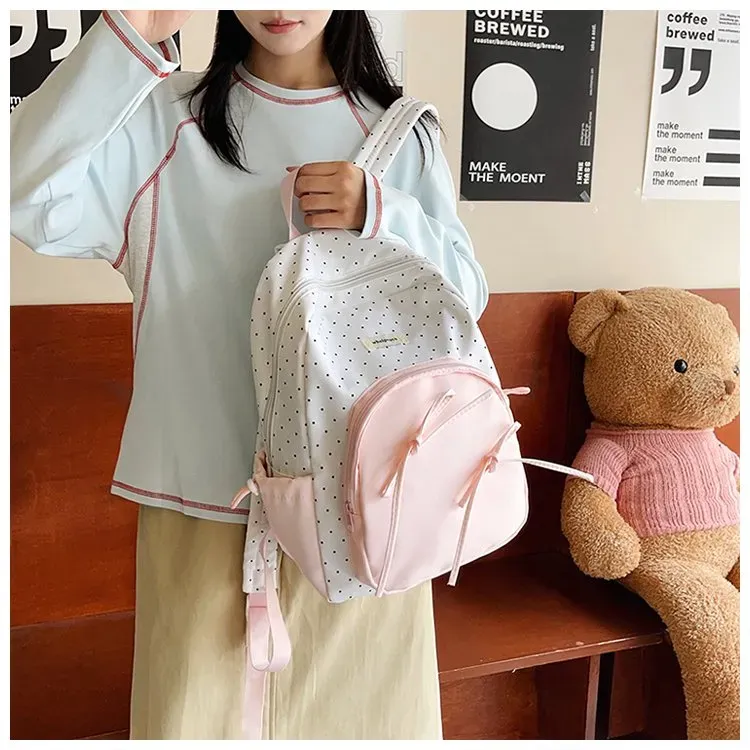 Tas Ransel Wanita Bahan Nylon Motif Polkadot Warna Putih Bentuk Kotak Tali Resleting Grosir
