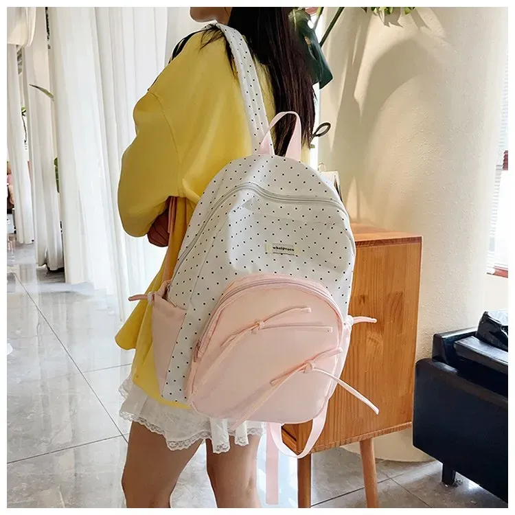 Tas Ransel Wanita Bahan Nylon Motif Polkadot Warna Putih Bentuk Kotak Tali Resleting Grosir