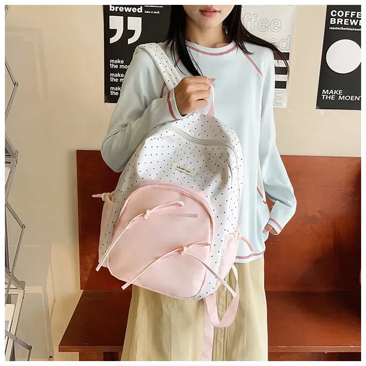 Tas Ransel Wanita Bahan Nylon Motif Polkadot Warna Putih Bentuk Kotak Tali Resleting Grosir