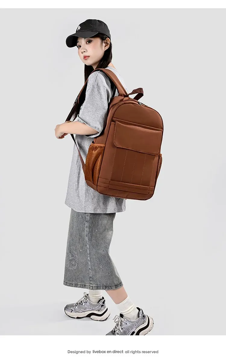 Tas Ransel Wanita Bahan Nylon Polos Warna Hitam Bentuk Kotak Tali Lebar untuk Travel Grosir